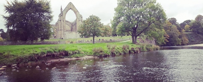 Looking over at Bolton Priory Ruins from a stepping stone on the river