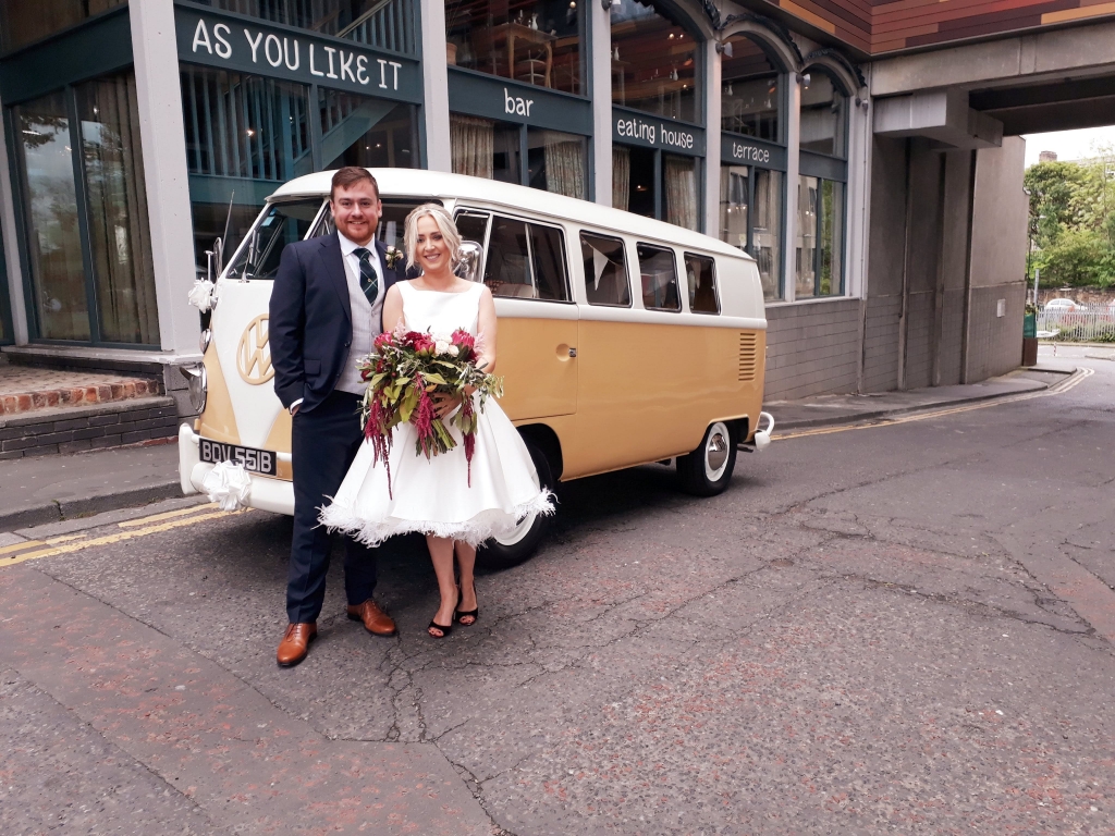 Campervan outside of As You Like It in Jesmond with Married Couple