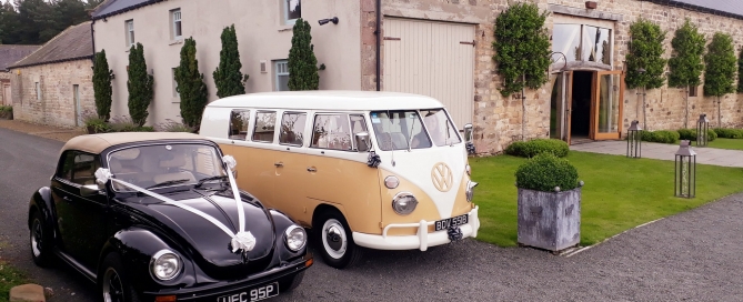 Campervan and Beetle outside of Healey Barn