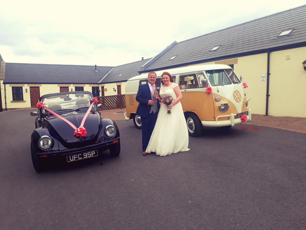 Beetle and Camper outside of The South Causey Inn with Bride and Groom