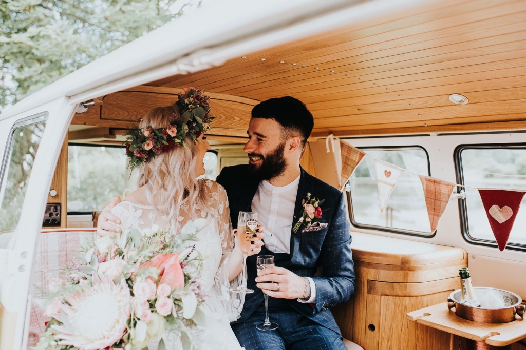just married and drinking champagne in a cool volkswagen @wylambrewery