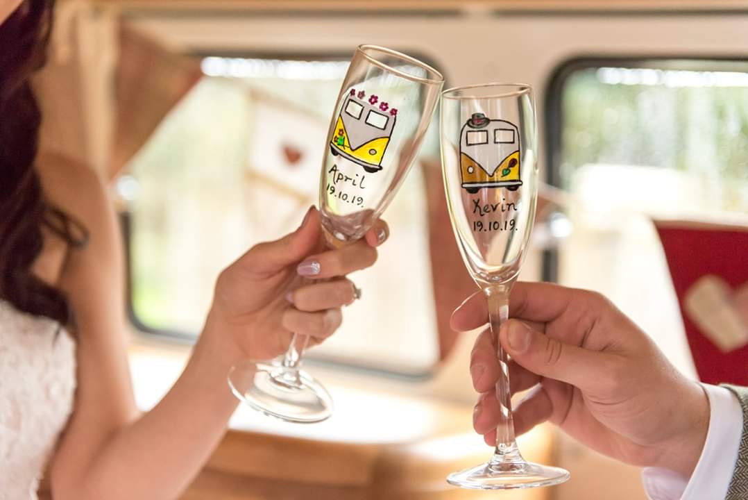 Personalised Champagne Flutes with little VW's Painted on