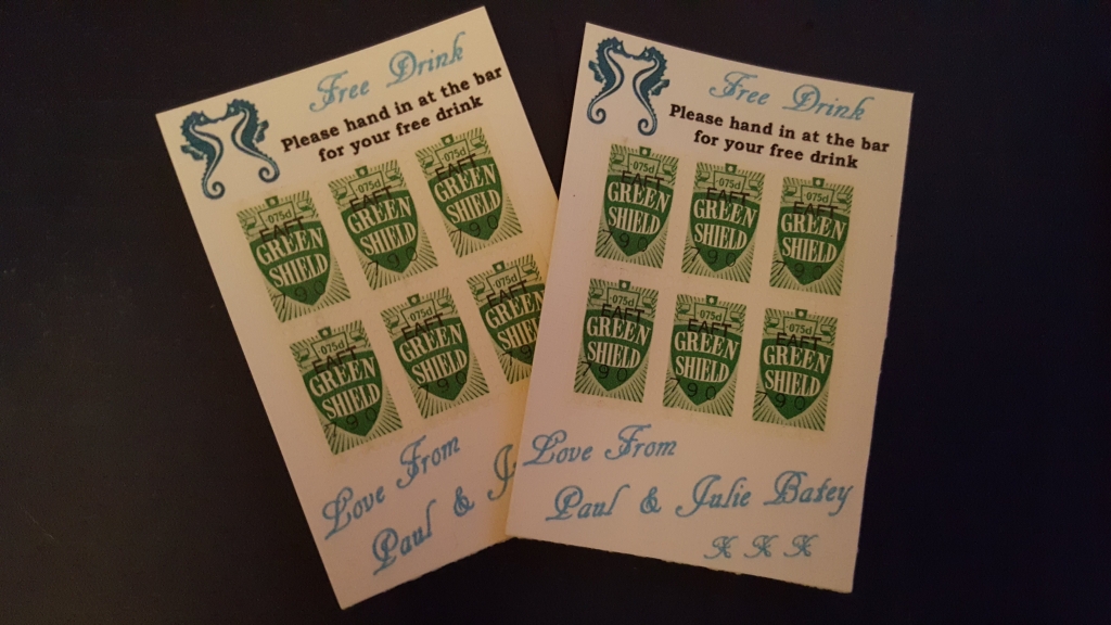 Wedding favour free drink voucher hand made with green shield stamps