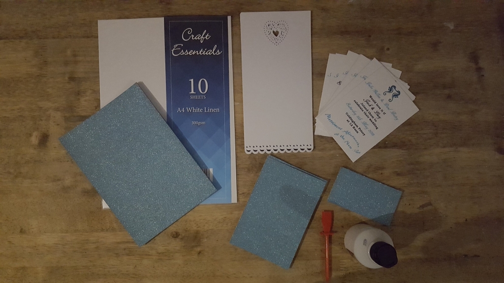 Wedding Invitation Craft Materials Including Blank Invites, White & Blue Glitter Card & Glue