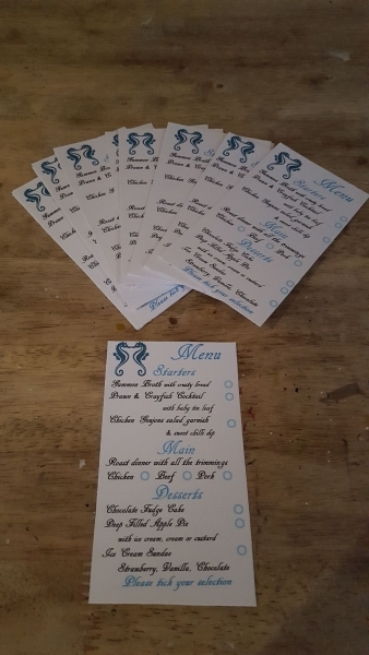 Seahorse themed wedding menu selection card